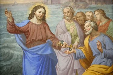 Église Saint-Grat, Peinture, Christ remettant les clés à Saint Pierre, Valgrisenche, Italie